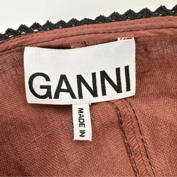 Ganni Bead Embellished Hemp Cut Out Root Beer Brown Midi Dress Size L - Picture 12 of 15